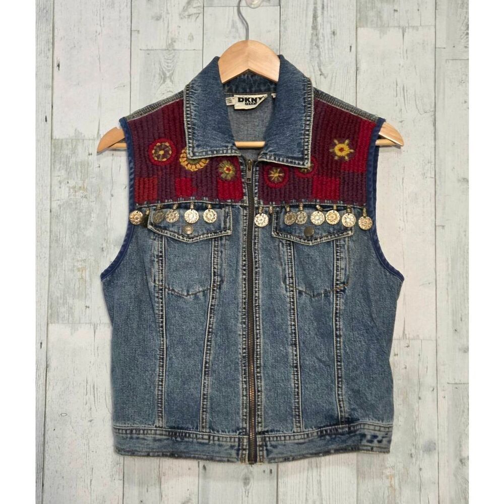 VTG 90s DKNY Jeans Embellished Western Boho Denim Vest Sz. S